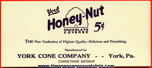 Old Unused York Honey - Nut 5c Candy Bar Advertising Ink Pen Blotter