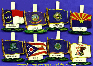 (8) Nabisco Shredded Wheat Cereal Lithographed Tin State Flag Tab Premiums / Prizes