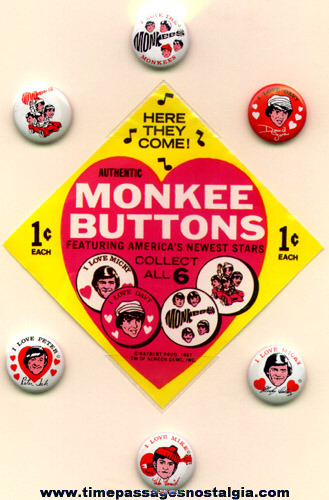 (6) ©1967 Monkees Pin Back Buttons With Gumball Machine Header Paper