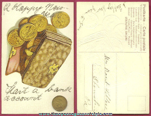 Unusual Old Embossed Happy New Year Post Card With Money