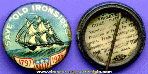 1925 U.S. Frigate Constitution "Old Ironsides" Celluloid Pin Back Button