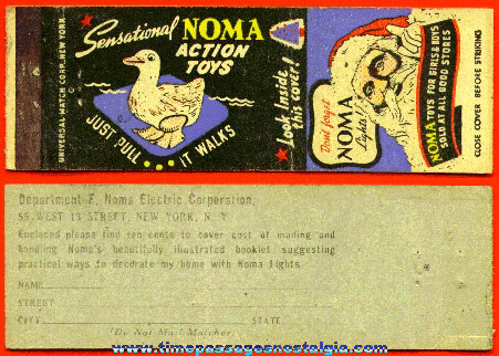 Old NOMA Action Toys / Christmas Lights Advertising Match Cover