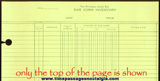 Old Unused Cracker Jack Company Ear Corn Inventory Ledger Page