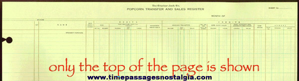 Old Large Unused Cracker Jack Company Popcorn Transfer And Sales Register Ledger Page