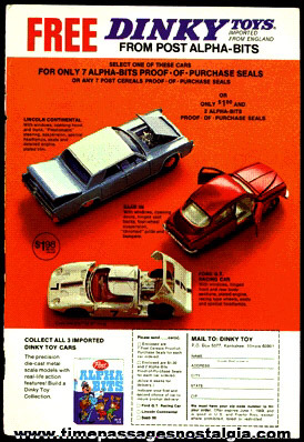 1969 Post Cereal DINKY Premium Cars Full Page Color Advertisement