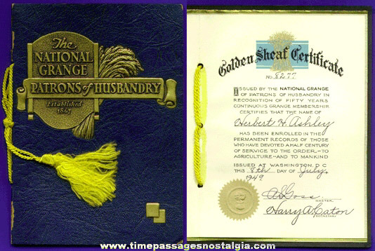 1949 National Grange Golden Sheaf Certificate 50 Year Service Award Folder