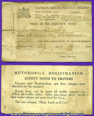 1918 Canadian Automobile Registration Papers & Wallet