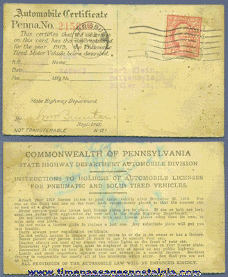 1919 Pennsylvania Automobile Registration Card