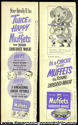 (2) Different Old Quaker Muffets Shredded Wheat Cereal Advertisements