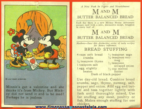 RARE Early Walt Disney Enterprises Mickey & Minnie Mouse Bread Premium Recipe Card