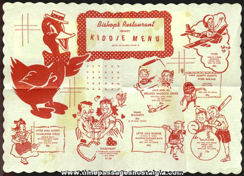 Old Bishop’s Restaurant Kiddie Menu Placemat With Nursery Rhyme Characters & More