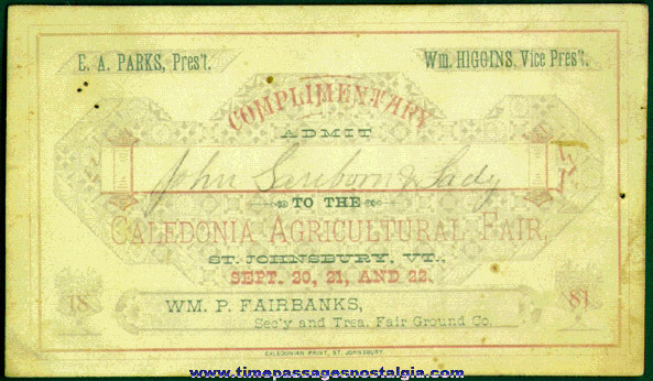 1881 Caledonia Agricultural Fair Complimentary Ticket