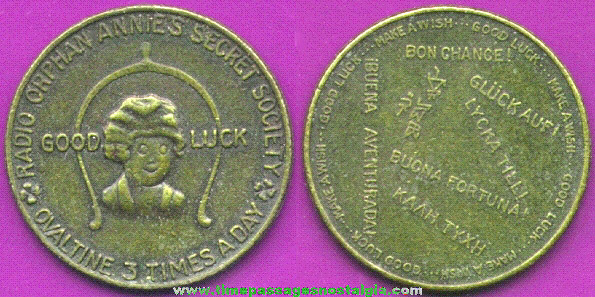 1934 Radio Orphan Annie Brass Good Luck Coin / Token Premium