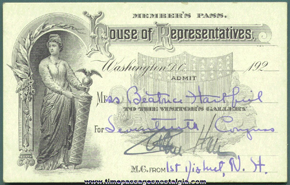 1920’s U.S. House Of Representatives Member Pass