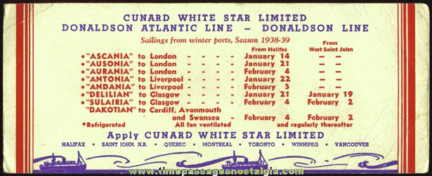 Unused 1938 - 1939 CUNARD Ship Schedule / Ink Blotter