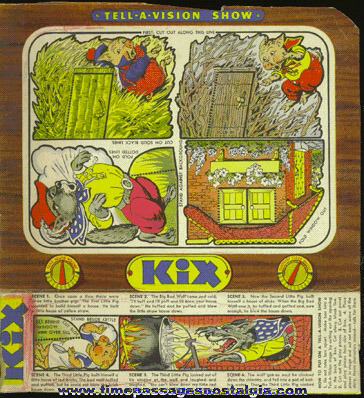 Old Colorful KIX Cereal TELL - A - VISION SHOW Box Back & Side Panel