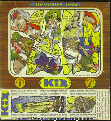 Old Colorful KIX Cereal TELL - A - VISION SHOW Box Back & Side Panel