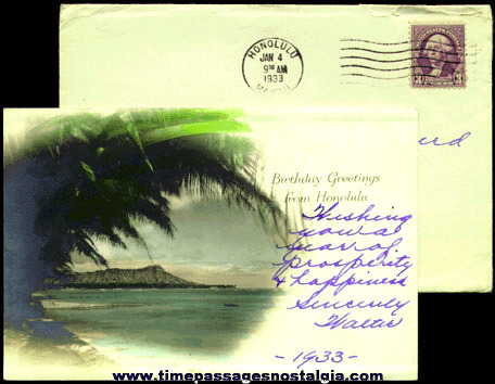 1933 Hand Tinted Photograph Card From Hawaii With Envelope