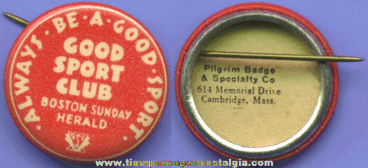 Old Boston Sunday Herald Good Sport Club Celluloid Pin Back Button