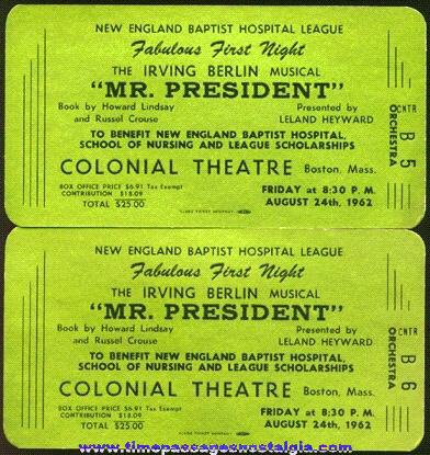 (2) Large Gold First Night Tickets To: The 1962 IRVING BERLIN Musical "MR. PRESIDENT"