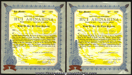 (2) 1955 Hawaii National Park Membership Certificates