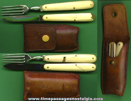 Old Bone Or Ivory Pocket Knife And Fork Set With Leather Case