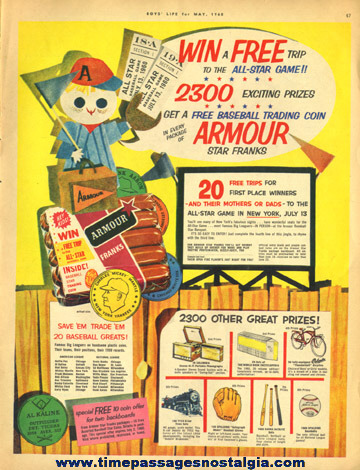1960 Armour Franks Premium Baseball Coin Color Advertisement