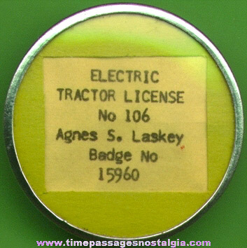 Old Electric Tractor License / Badge