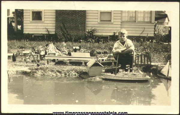 1925 Photograph Of A Boy And His Train Layout & Boats