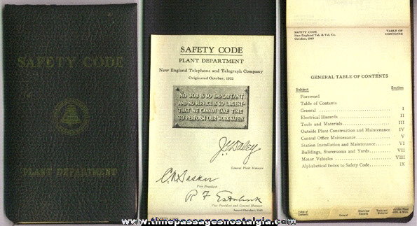 1943 New England Telephone & Telegraph Co. American Telephone & Telegraph Co. Plant Department Safety Code Book