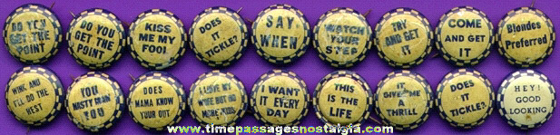 (18) Old Novelty and/or Naughty Message Tin Pin Back Buttons