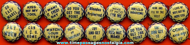 (18) Old Novelty and/or Naughty Message Tin Pin Back Buttons