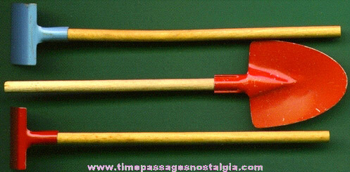 (3) 1930s Cracker Jack Pop Corn Confection Toy Prize Tin & Wood Garden Tools