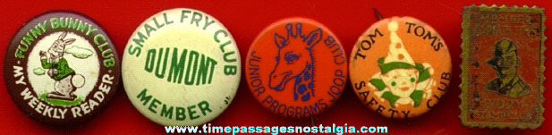 (5) Old Children’s Club Membership Tin & Celluloid Pin Back Buttons