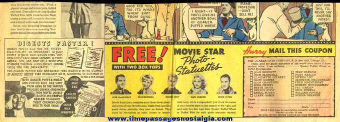 1936 Quaker Oats Cereal Movie Star Photo Statuette Newspaper Premium Offer