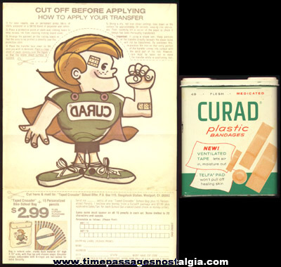 Old CURAD Brand Bandage Tin With An Advertising Premium Iron On Character Transfer
