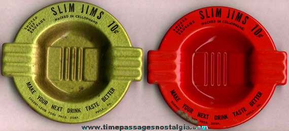 (2) Old Embossed Tin SLIM JIMS Advertising Bar Ashtrays