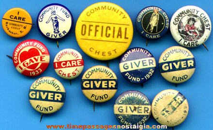 (13) Old Community Chest / Community Fund Pin Back Buttons