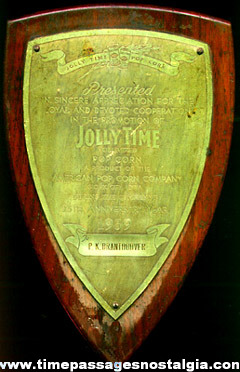 1939 JOLLY TIME POPCORN Employee Award Plaque