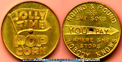 Old Brass JOLLY TIME POPCORN Advertising Premium Spinner Coin