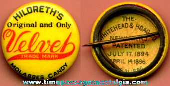 Celluloid HILDRETH’S VELVET MOLASSES CANDY Advertising Pin Back Button