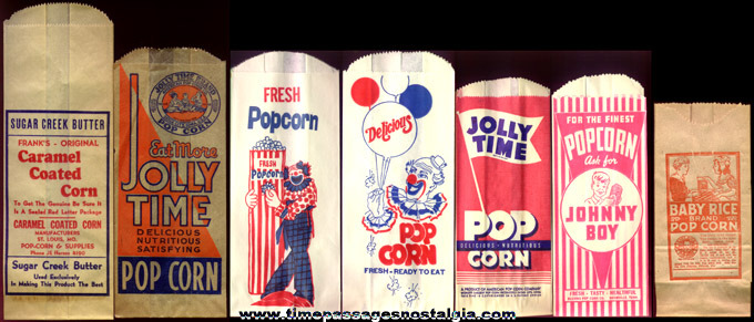 (7) Different Old Unused Advertising Popcorn Bags