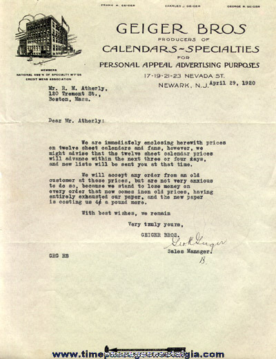 (5) 1920 Geiger Bros. Correspondence Letters & A Salesmans Commission Statement