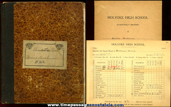 Interesting 1914 Holyoke High School Student Character Scrap Book And Report Card