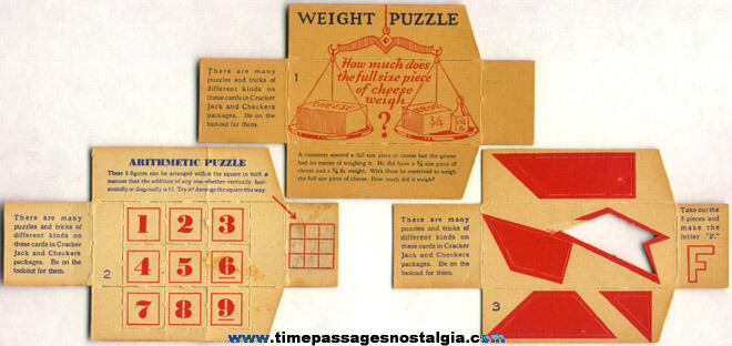 (3) 1930’s Cracker Jack / Checkers Popcorn Confection Box Divider Puzzle Cards