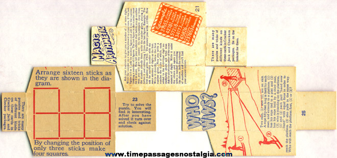 (3) 1930’s Cracker Jack / Checkers Popcorn Confection Box Divider Puzzle Cards