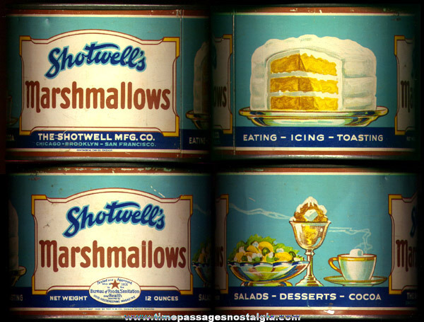 Colorful 1928 (12) Ounce Shotwell’s Marshmallows Advertising Tin