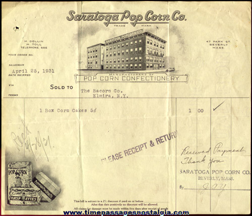 1931 Graphic Saratoga Pop Corn Company Billhead / Invoice