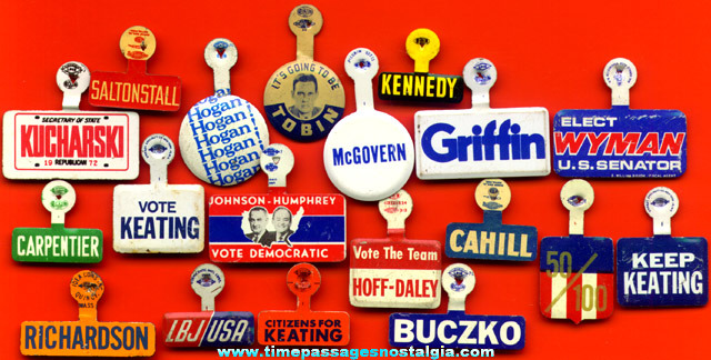 (19) Different Old Political Campaign Tin Tab Buttons