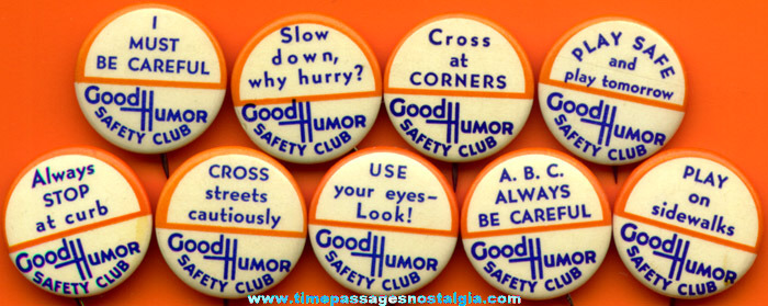 (9) Different Old Good Humor Ice Cream Safety Club Celluloid Pin Back Buttons